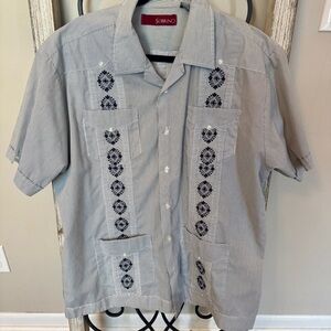Sobrino Blue Pinstripe Enroidery Patterned Button Accents Mens Shirt Size‎ Large